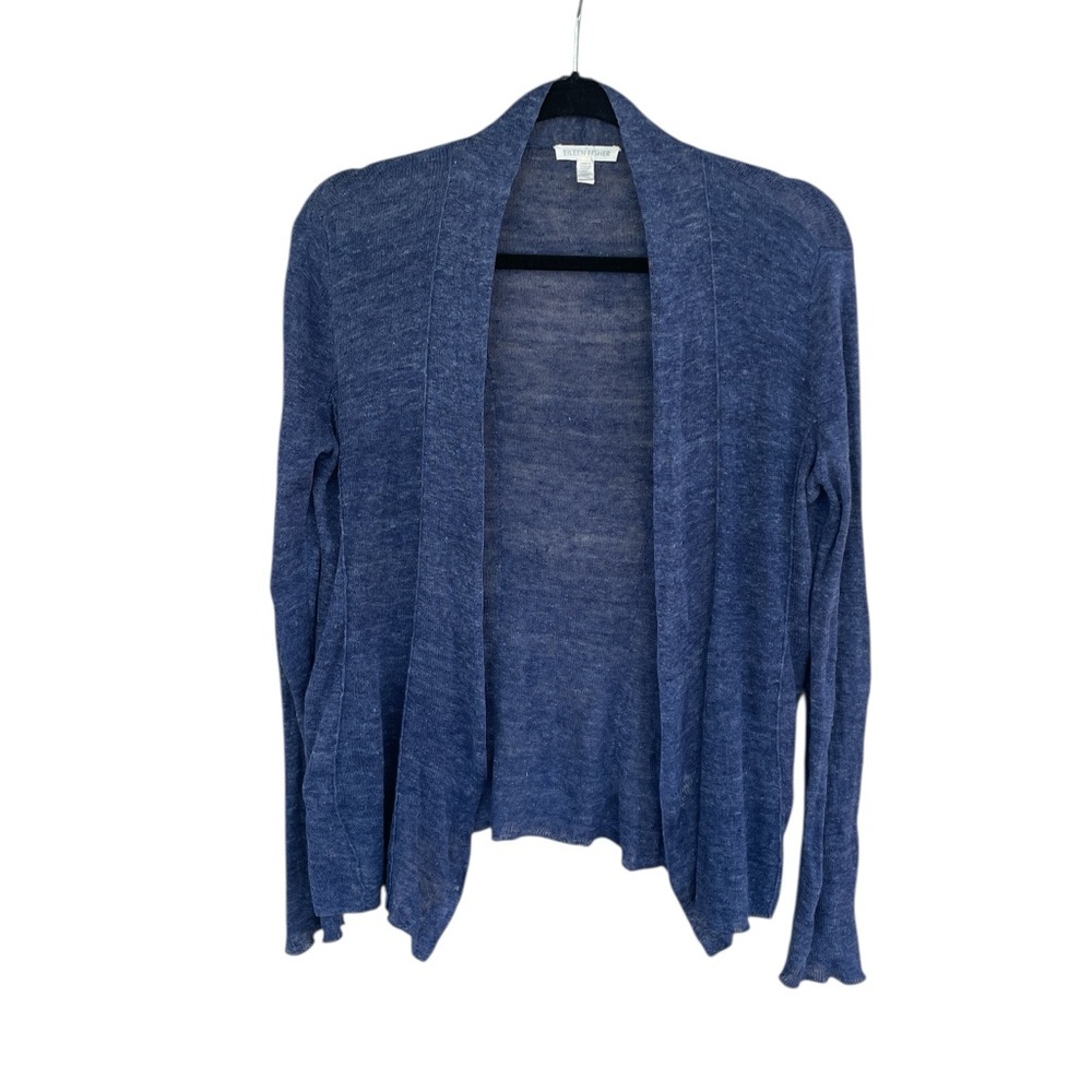 Eileen Fisher Sweater XS 100% Linen Cardigan Open Front Lightweight Blue Knit